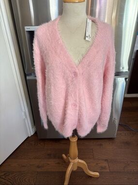 Fuzzy Pink V-Neck Button Cardigan Sweater